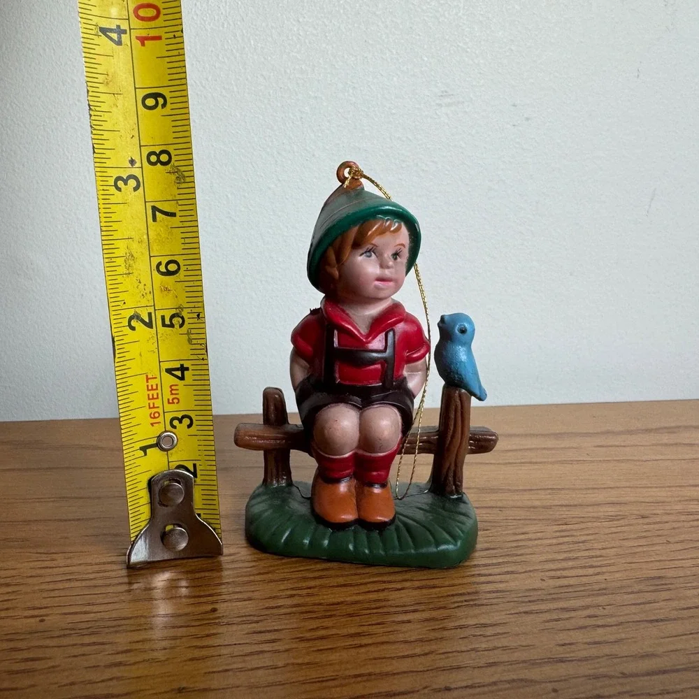 Vintage Plastic Ornament Folk Style Boy Bird Sitting Fence 1970s Figurine‎